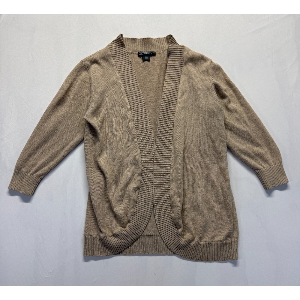 Covington Cardigan Sweater Womens Medium Beige Cotton Ribbed Trim‎ Open Front